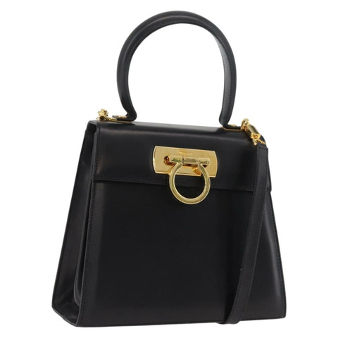 Salvatore Ferragamo Gancini 手提包 皮革 兩用 黑色 金色 正品 YKZ202A