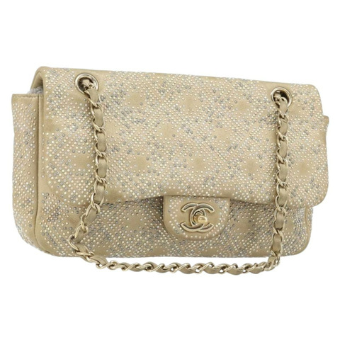 香奈兒 (CHANEL) 絎縫鏈條單肩包，羊皮，米色，金色雙C標誌，正品 BAZ249A