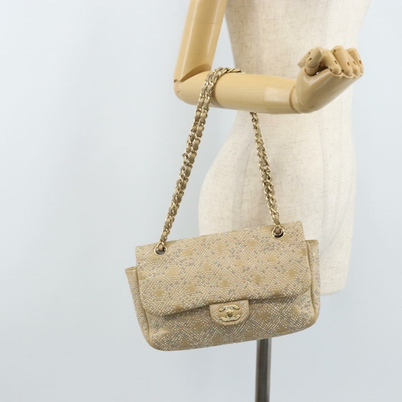 【日本直送】香奈兒 (CHANEL) 絎縫鏈條單肩包,羊皮,米色,金色雙C標誌,正品 BAZ249A-23