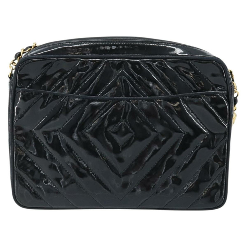 【日本直送】香奈兒 COCO 標誌鏈條肩背包 漆皮黑色金色雙C標誌 Auth BAZ033A-1