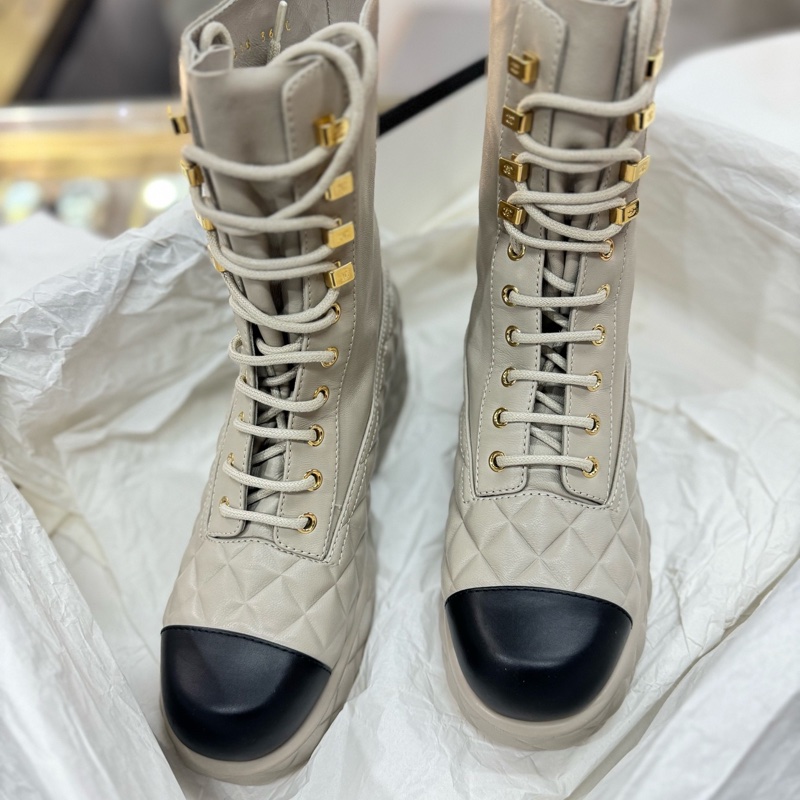 閒置未使用 香奈兒 Chanel黑灰色全皮拼色厚底馬丁靴 尺碼:36碼-5