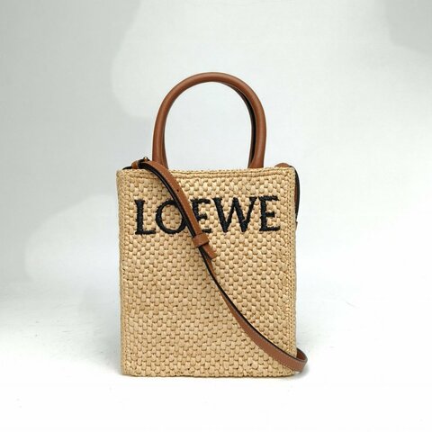 LOEWE A5Tote字母徽標草編琴譜托特包小號棕色草編肩背包