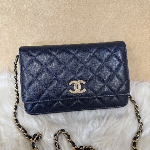 Chanel 深藍荔枝皮淡金釦WOC 離櫃閒置 晶片款