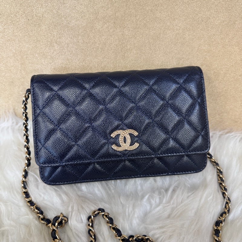 Chanel 深藍荔枝皮淡金釦WOC 離櫃閒置 晶片款-0