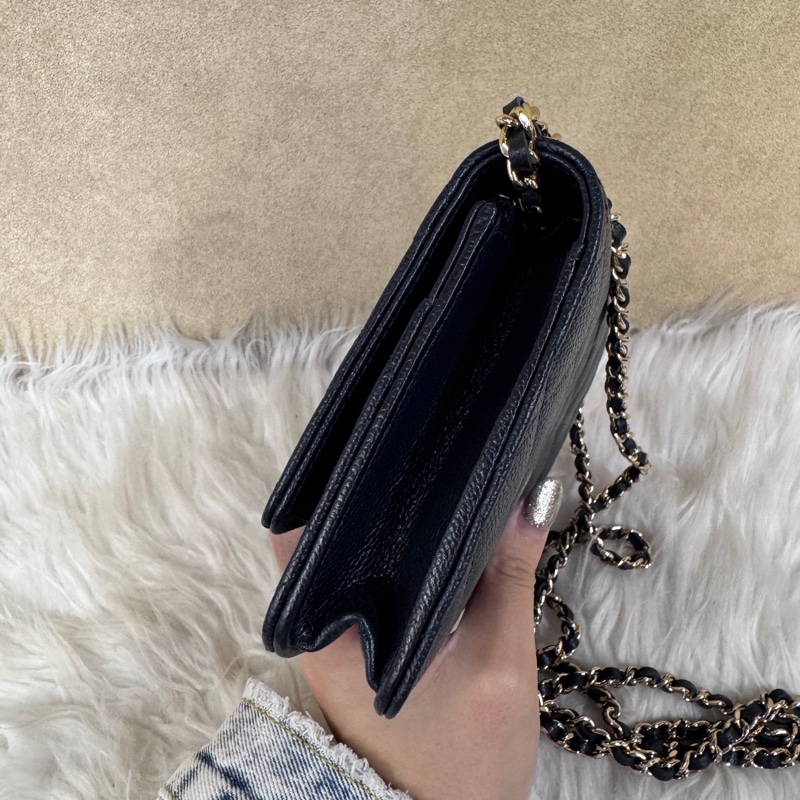 Chanel 深藍荔枝皮淡金釦WOC 離櫃閒置 晶片款-3