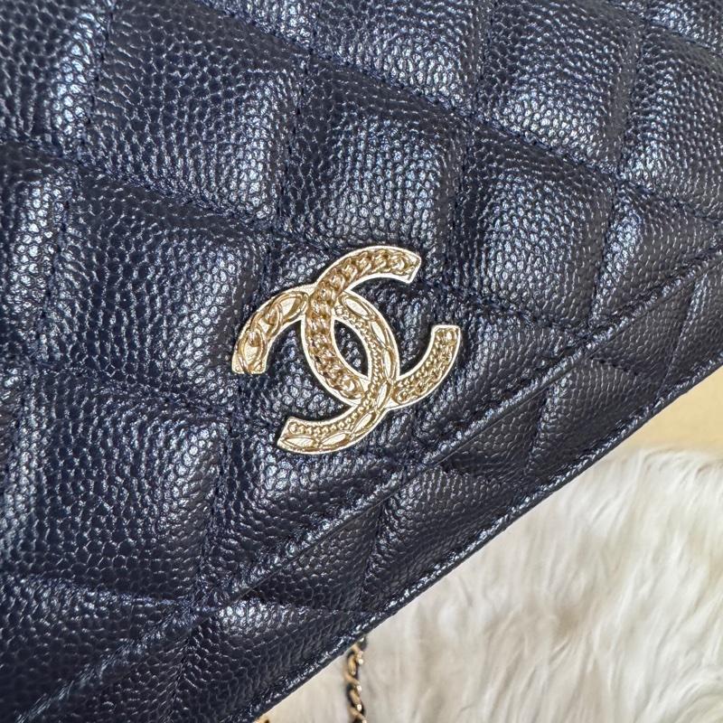 Chanel 深藍荔枝皮淡金釦WOC 離櫃閒置 晶片款-7