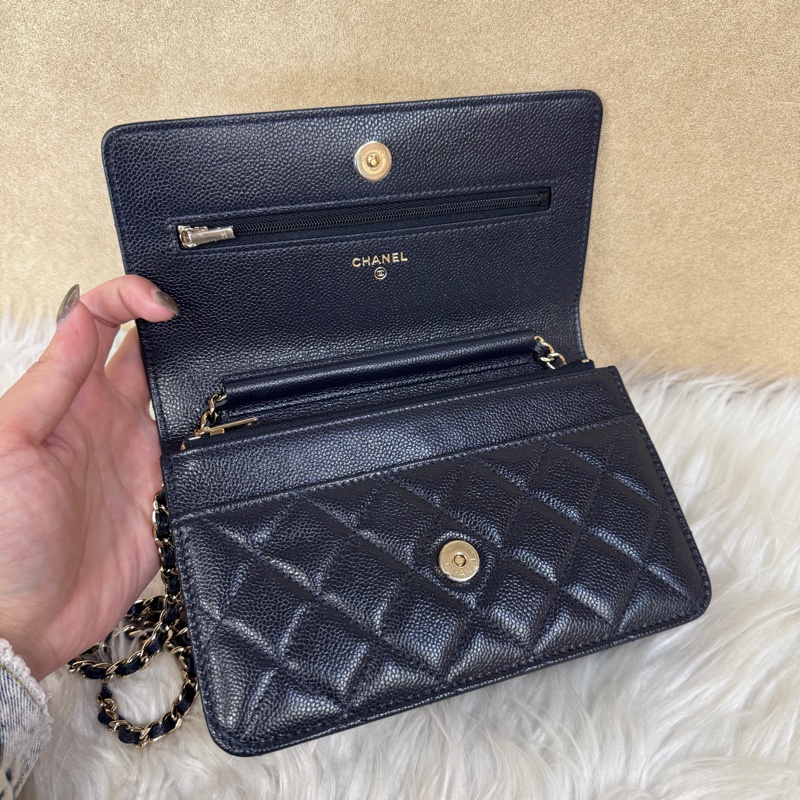 Chanel 深藍荔枝皮淡金釦WOC 離櫃閒置 晶片款-8