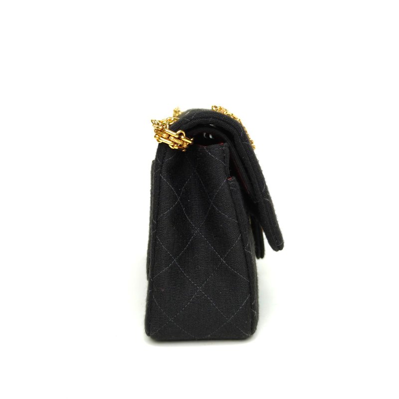 CHANEL 黑色棉4開金扣cf23尺寸布面中古肩背包-3