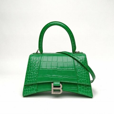 BALENCIAGA 綠色牛皮銀扣鱷魚壓紋Hourglass沙漏手袋S碼肩背包
