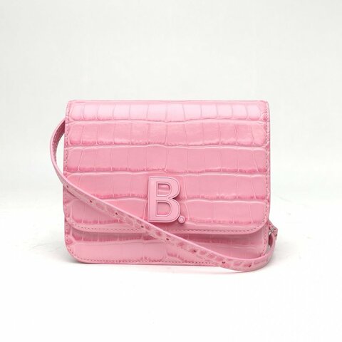 BALENCIAGA BBagSmall豆腐包鱷魚壓紋粉色牛皮肩背包