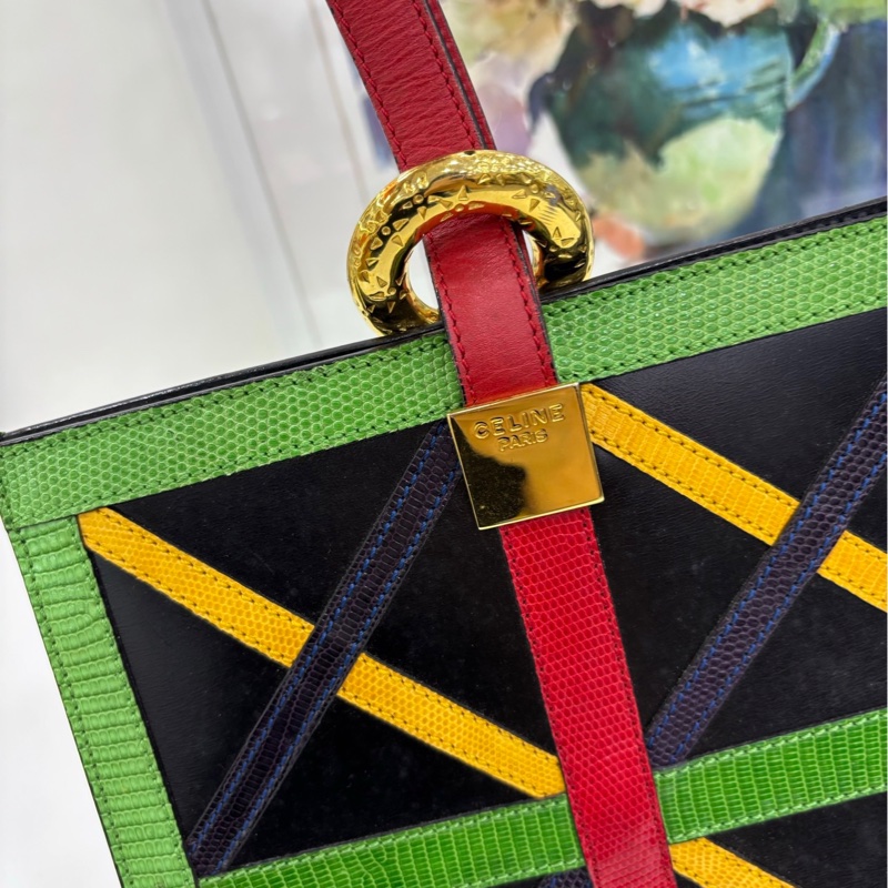 Celine 塞林中古金環甜甜圈彩色蜥蜴皮肩包極品限量-7