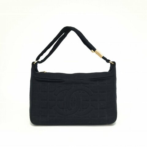 CHANEL 黑色棉7開金扣中古冰格布面單肩包肩背包