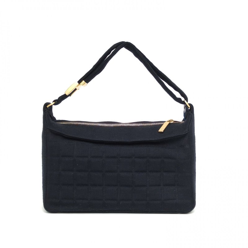 CHANEL 黑色棉7開金扣中古冰格布面單肩包肩背包-2