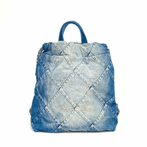 CHANEL 22Bag帶手柄雙肩包小號藍色牛仔晶片開銀扣肩背包
