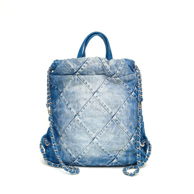 CHANEL 22Bag帶手柄雙肩包小號藍色牛仔晶片開銀扣肩背包-2