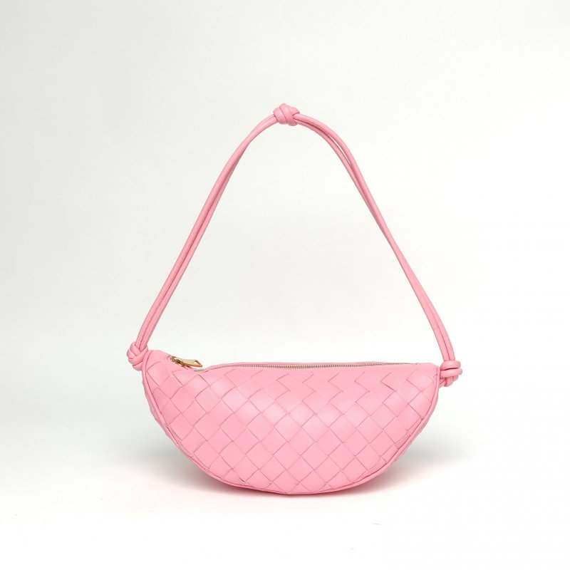 BOTTEGA VENETA 粉色羊皮編織月牙包肩背包-2