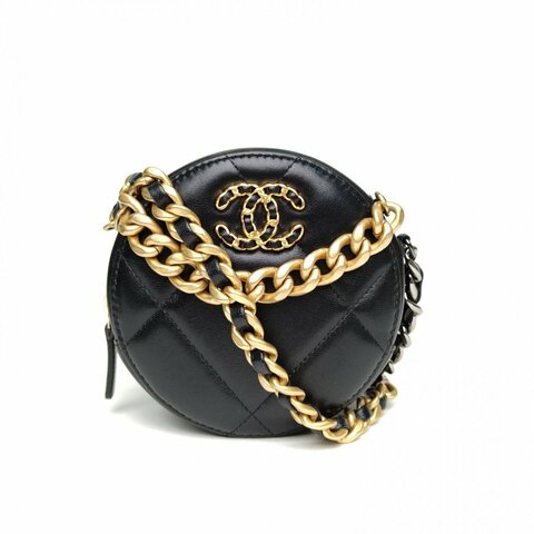 CHANEL 19BAG小圓餅包黑色羊皮31開金銀扣菱格紋肩背包