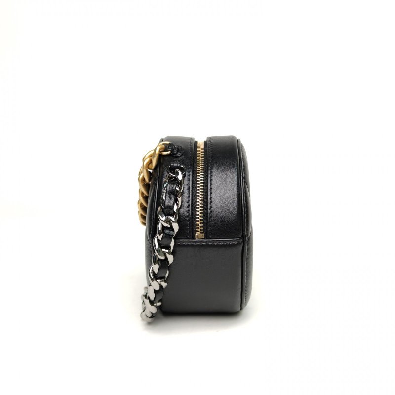 CHANEL 19BAG小圓餅包黑色羊皮31開金銀扣菱格紋肩背包-1