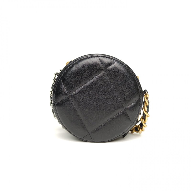 CHANEL 19BAG小圓餅包黑色羊皮31開金銀扣菱格紋肩背包-2
