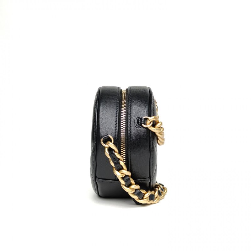 CHANEL 19BAG小圓餅包黑色羊皮31開金銀扣菱格紋肩背包-3