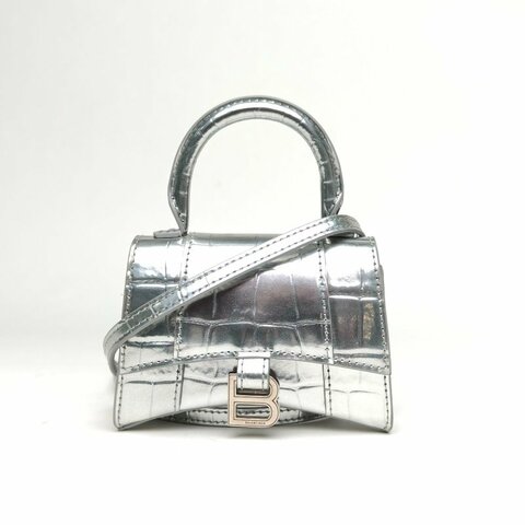 BALENCIAGA Hourglass沙漏超Mini鱷魚壓紋銀色牛皮肩背包