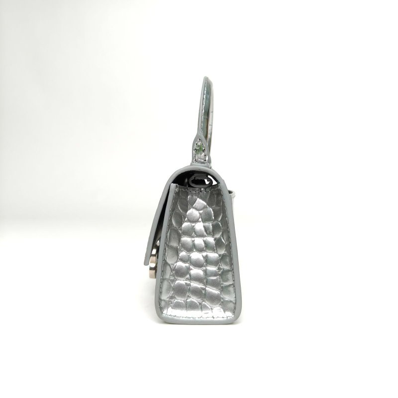 BALENCIAGA Hourglass沙漏超Mini鱷魚壓紋銀色牛皮肩背包-1