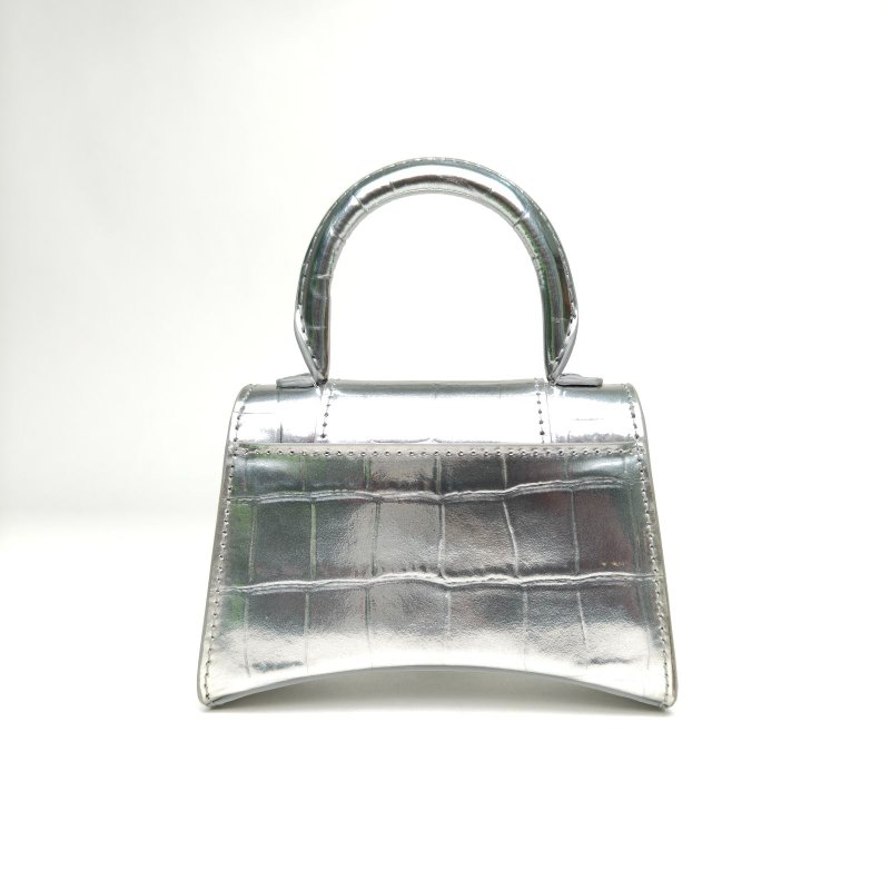 BALENCIAGA Hourglass沙漏超Mini鱷魚壓紋銀色牛皮肩背包-2
