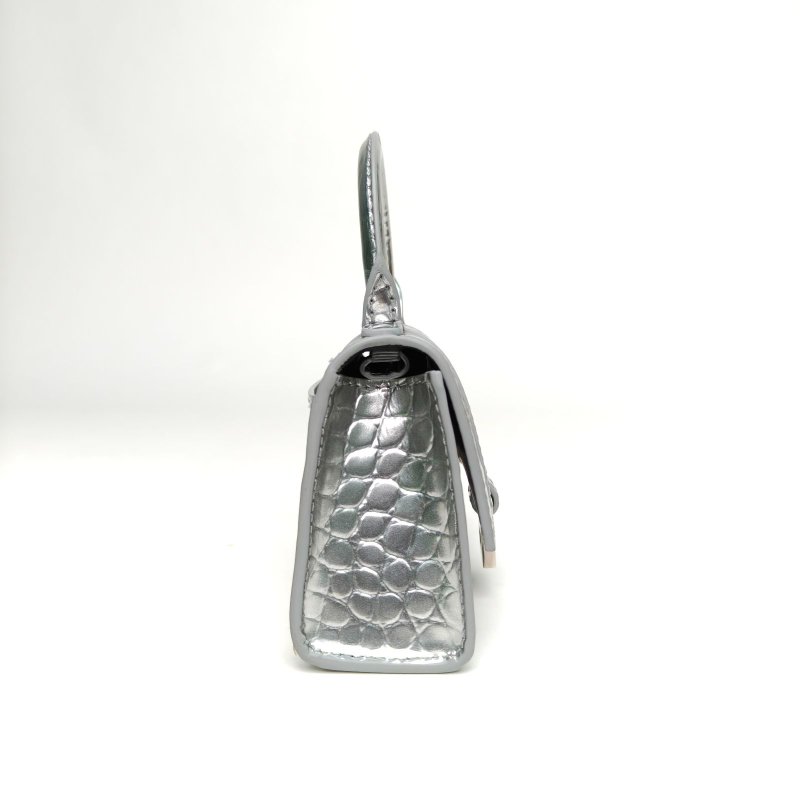 BALENCIAGA Hourglass沙漏超Mini鱷魚壓紋銀色牛皮肩背包-3