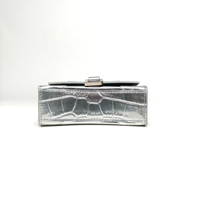 BALENCIAGA Hourglass沙漏超Mini鱷魚壓紋銀色牛皮肩背包-4