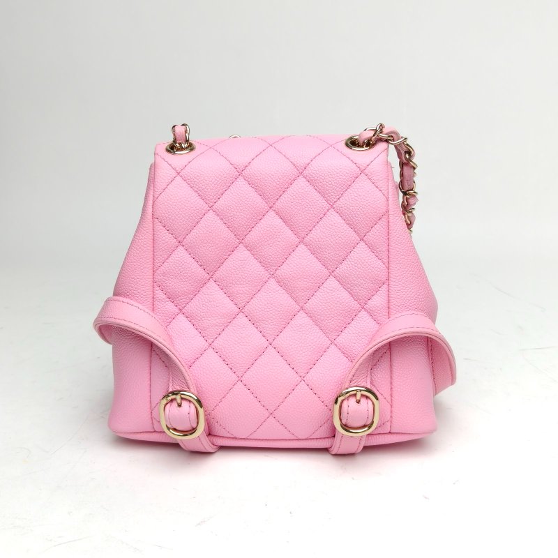 CHANEL 23PDuma抽繩口蓋雙肩包雙口袋小號粉色荔枝牛皮晶片肩背包-2