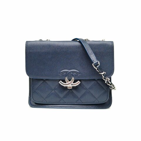 CHANEL 古巴扣菱格紋單肩手提郵差包墨藍色羊皮25開銀扣肩背包