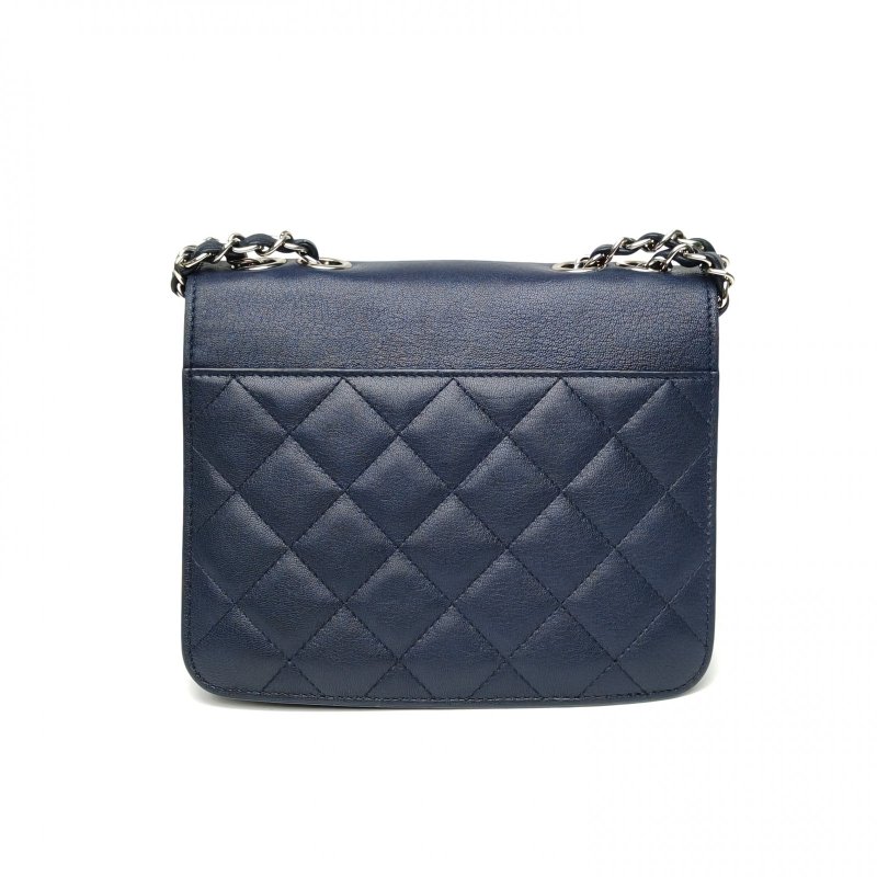CHANEL 古巴扣菱格紋單肩手提郵差包墨藍色羊皮25開銀扣肩背包-2