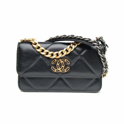 CHANEL 19BAG吸扣woc17黑色羊皮鐳射標金銀扣肩背包