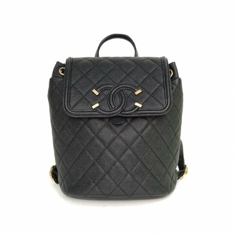 CHANEL 黑色荔枝牛皮28開金扣Vanity雙肩包大LOGO菱格紋肩背包