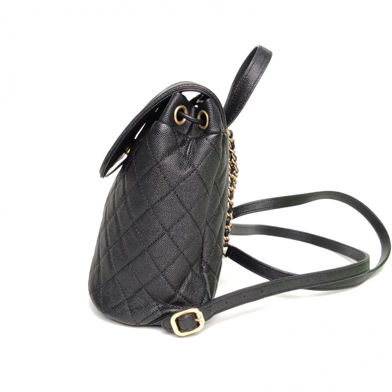 CHANEL 黑色荔枝牛皮28開金扣Vanity雙肩包大LOGO菱格紋肩背包-1