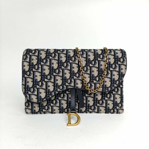 DIOR SADDLE馬鞍鏈條WOC厚款墨藍色帆布金扣印花肩背包