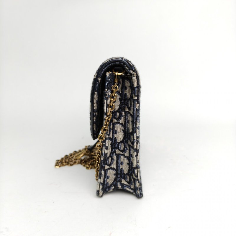 DIOR SADDLE馬鞍鏈條WOC厚款墨藍色帆布金扣印花肩背包-3