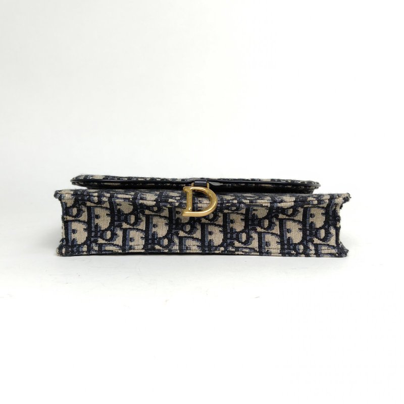 DIOR SADDLE馬鞍鏈條WOC厚款墨藍色帆布金扣印花肩背包-4