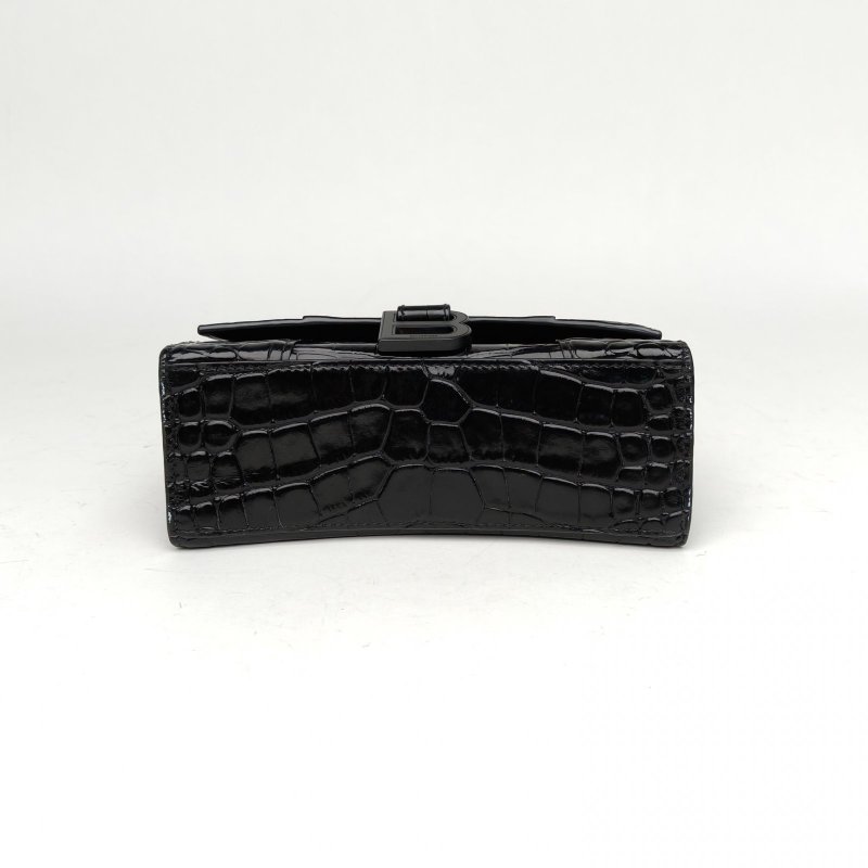 BALENCIAGA 鱷魚壓紋Hourglass沙漏手袋XS碼黑色牛皮Lisa同款肩背包-4