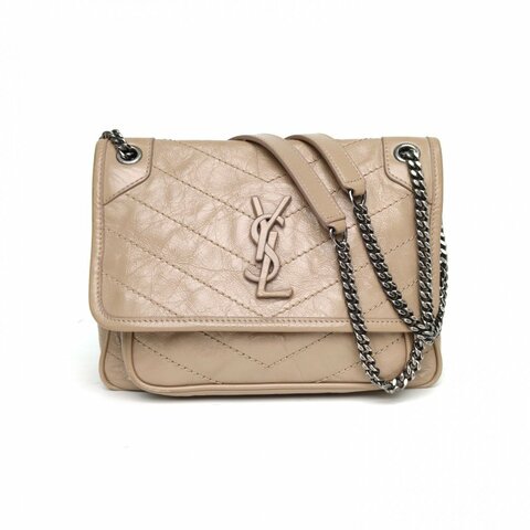 SAINT LAURENT NikiMini21D扣奶茶色牛皮銀扣肩背包