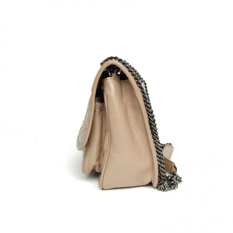 SAINT LAURENT NikiMini21D扣奶茶色牛皮銀扣肩背包-1