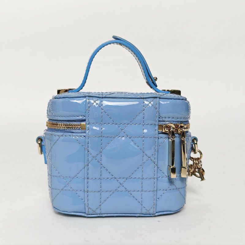 DIOR 戴妃Vanity化妝包超迷你藍色漆皮淺金扣藤格紋肩背包-2