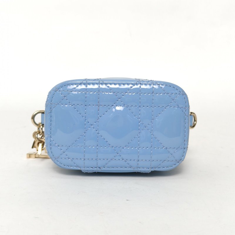 DIOR 戴妃Vanity化妝包超迷你藍色漆皮淺金扣藤格紋肩背包-4