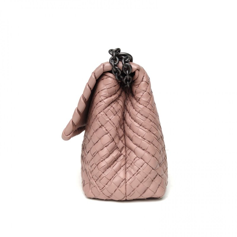 BOTTEGA VENETA 豆沙粉羊皮鎢鋼扣Olimpia編織翻蓋斜挎包肩背包-1