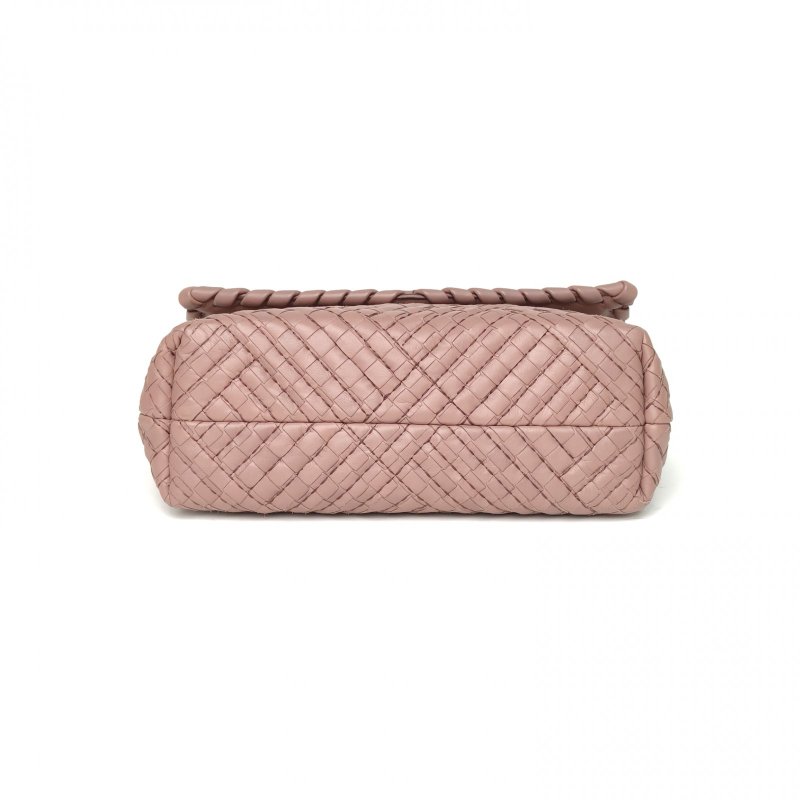 BOTTEGA VENETA 豆沙粉羊皮鎢鋼扣Olimpia編織翻蓋斜挎包肩背包-4