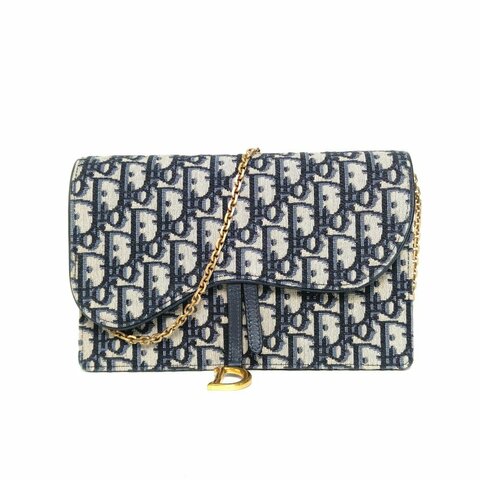 DIOR SADDLE馬鞍鏈條WOC厚款墨藍色帆布金扣印花肩背包