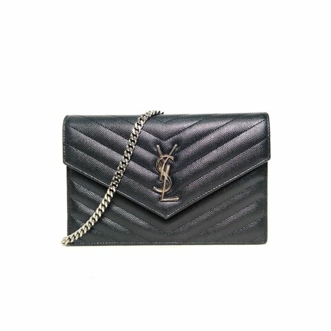 SAINT LAURENT CASSANDRAWOC人字紋信封鏈條包黑色牛皮銀扣肩背包