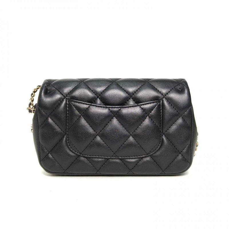 CHANEL 2020春夏字母珍珠鏈條包黑色羊皮29開淺金扣肩背包-2
