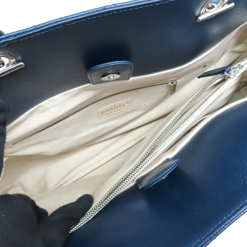 藍色 荔枝紋 牛皮 CC Top Handle Tote 兩用包 銀釦【CHANEL 香奈兒】 A66814-3