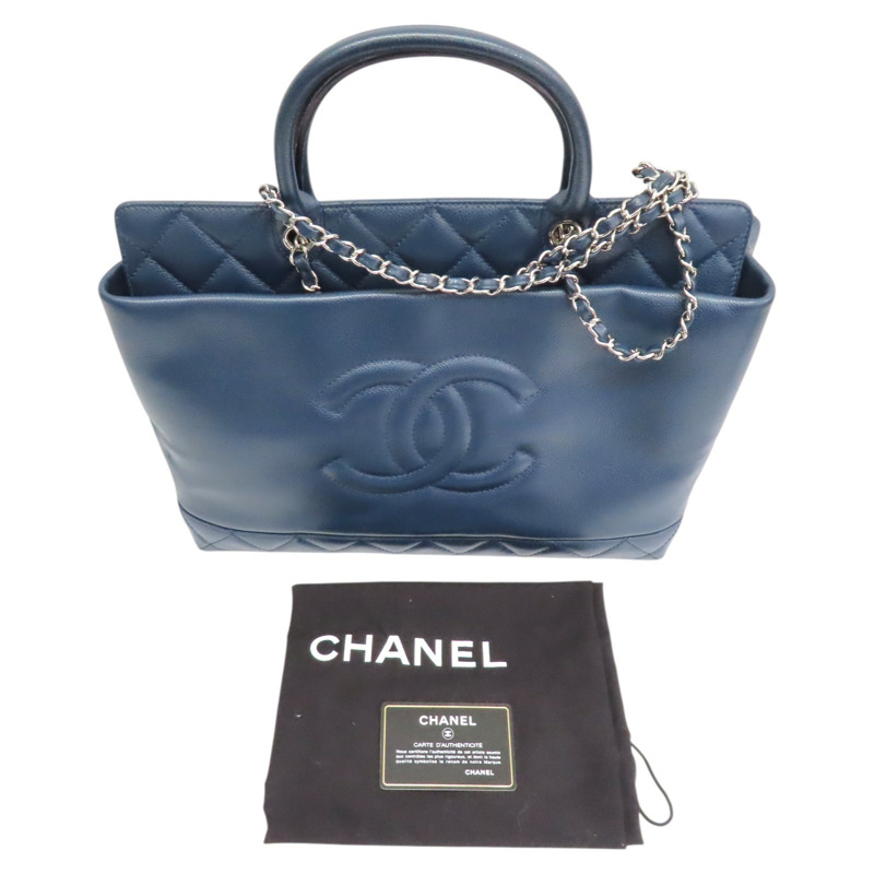 藍色 荔枝紋 牛皮 CC Top Handle Tote 兩用包 銀釦【CHANEL 香奈兒】 A66814-11